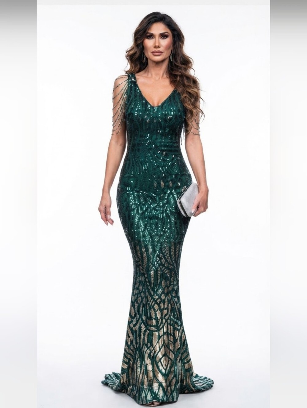 Dark Green, Rhinestone, Contrast Sequined Graphic Print Mermaid Maxi gown